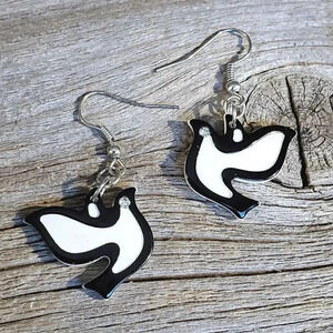 Vintage Y2K White Black Lucite Austrian Crystal Dove of Peace Hearts Earrings